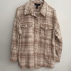 Forever 21 Cream and Brown Pearl Button Plaid Flannel Utility Jacket. Size M